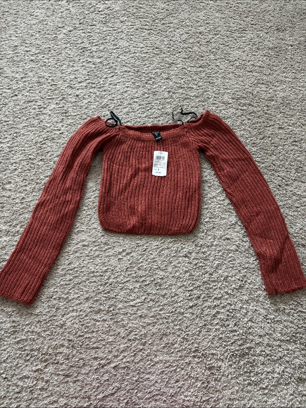 Windsor Rust Red Off-the-Shoulder Ribbed Knit Sweater